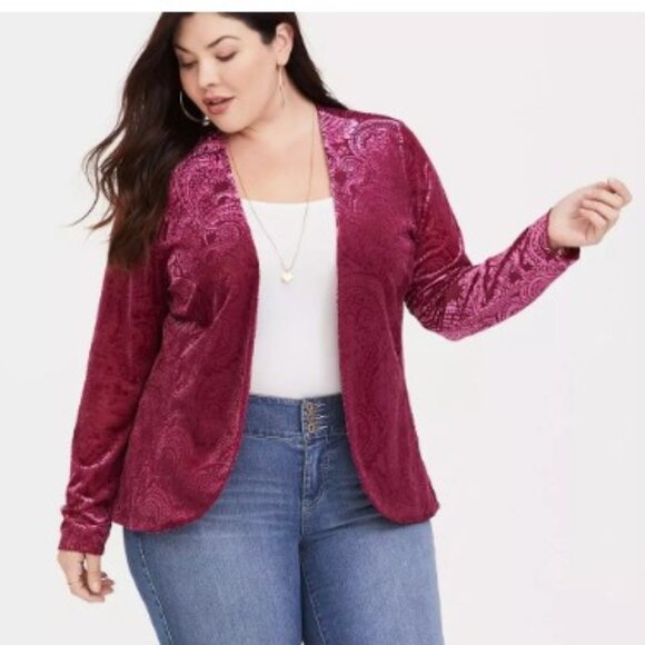 Torrid Brand Women's Size 3 Burgundy Beet Red Burn Out Velvet Blazer Open Front - Picture 3 of 6